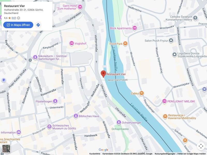 Google-Karte: Restaurant Vier, Hotherstraße 20-21, Görlitz, an der Altstadtbrücke